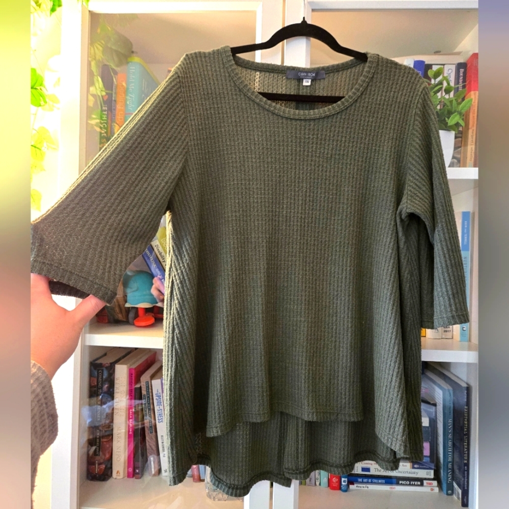 Coin 1804 Olive Green Waffle Knit Top with Button Up Back